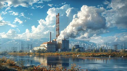 Obraz premium Industrial Power Plant with Smoke and Mountains