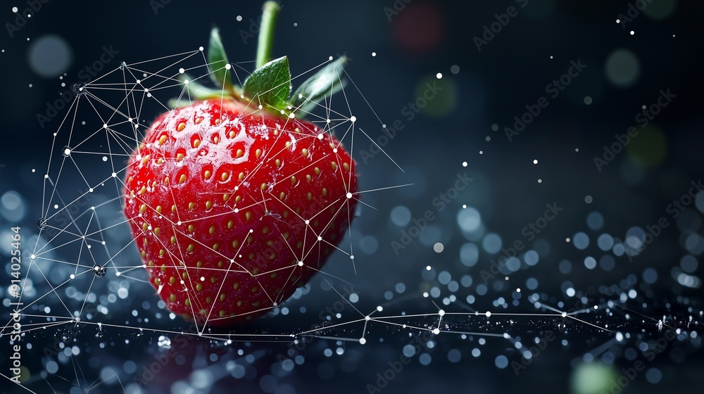 Poster a strawberry intertwined with digital network lines, symbolizing the fusion of natural and artificia
