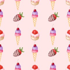 Watercolor seamless pattern sweet desserts.Food decoration ,holiday decor,paper decoration print, food design 