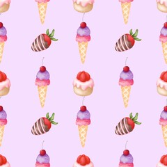 Watercolor seamless pattern sweet desserts.Food decoration ,holiday decor,paper decoration print, food design 