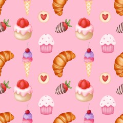 Watercolor seamless pattern sweet desserts.Food decoration ,holiday decor,paper decoration print, food design 