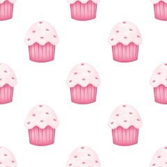 Watercolor seamless pattern,sweet pink  muffin  background, paper,textile happy.Sweet food decoration. Watercolor illustration for  Valentines day.