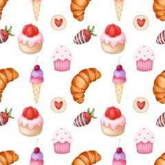 Watercolor seamless pattern sweet desserts.Food decoration ,holiday decor,paper decoration print, food design 