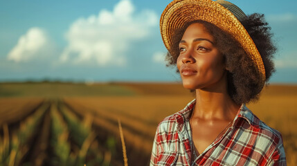 Portrait of happy young African American farmer girl in front of corn field.