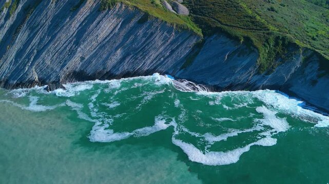 Flysch between Punta Mendata and Sakoneta beach at low tide. Aerial view from a drone on the Cantabrian Coast in Deva. Cantabrian Sea. Gipuzkoa Province. Basque Country. Spain. Europe