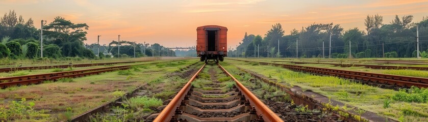 Obraz premium Abandoned train yard, rusting trains and overgrown tracks, flat design illustration