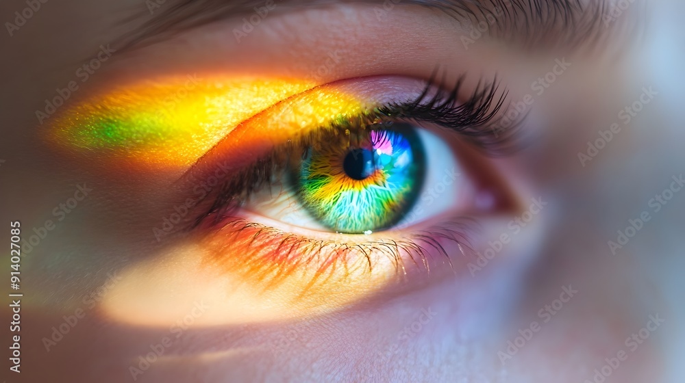 Poster mesmerizing rainbow reflection in the eye capturing the spectrum of colors