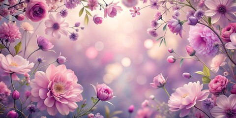 Fototapeta premium Delicate pink and violet flowers surround a vacant space, softly brushing against theedges, evoking a sense of whimsical elegance and romantic femininity in a dreamy atmosphere.