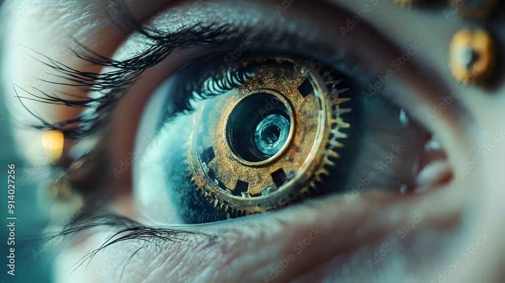 Poster intricate eye mechanism with clock gears symbolizing passage of time