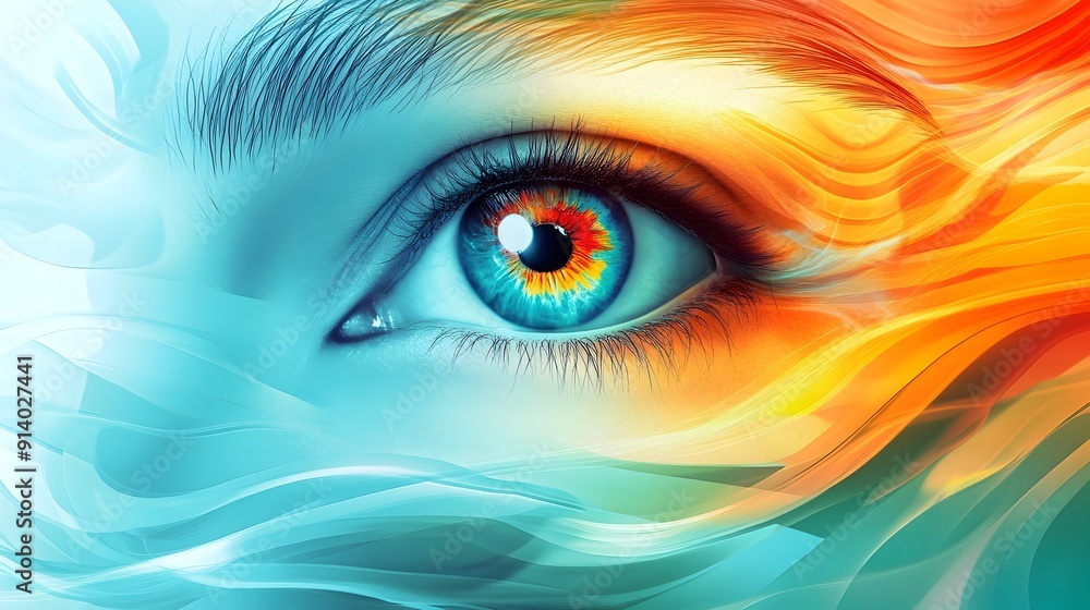 Poster mesmerizing eye waves:abstract digital artwork with rhythmic motion and vibrant patterns