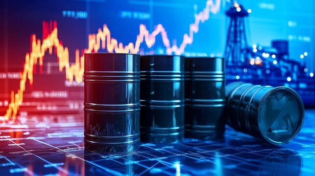 Oil barrels with stock market graph and oil rig in the background symbolizing oil stocks.