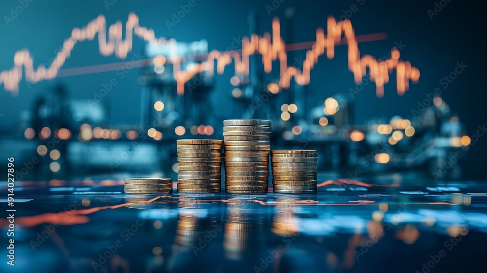 Poster stacks of coins on a digital stock market background with fluctuating graphs, symbolizing commodity 