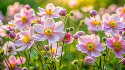 Fototapeta premium Delicate pink Japanese anemone blooms, Anemone hybrida Koenigin Charlotte, with soft petals and golden centers, sway gently in a lush green meadow landscape banner.