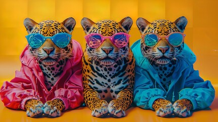 Three stylish tigers in costumes and sunglasses on yellow background.