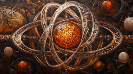 Artistic balls with interlocking patterns in golden spheres. It has a sun and moon pattern. Complete with textured lighting and circular art.