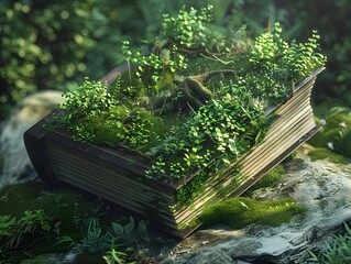 Weathered Tome with Flourishing Forest Erupting from Its Pages