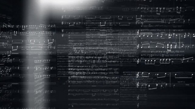 Piece of music written in white on music paper lines fly through the room, seamless loop animation on black