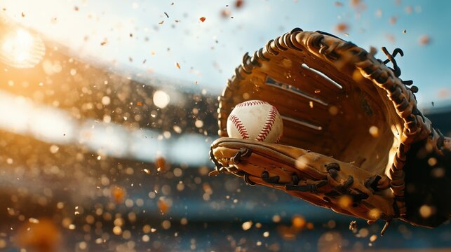A close-up view of a baseball glove catching a ball mid-flight, with a well-worn leather glove and a ball in sharp focus. The background features a blurred baseball field