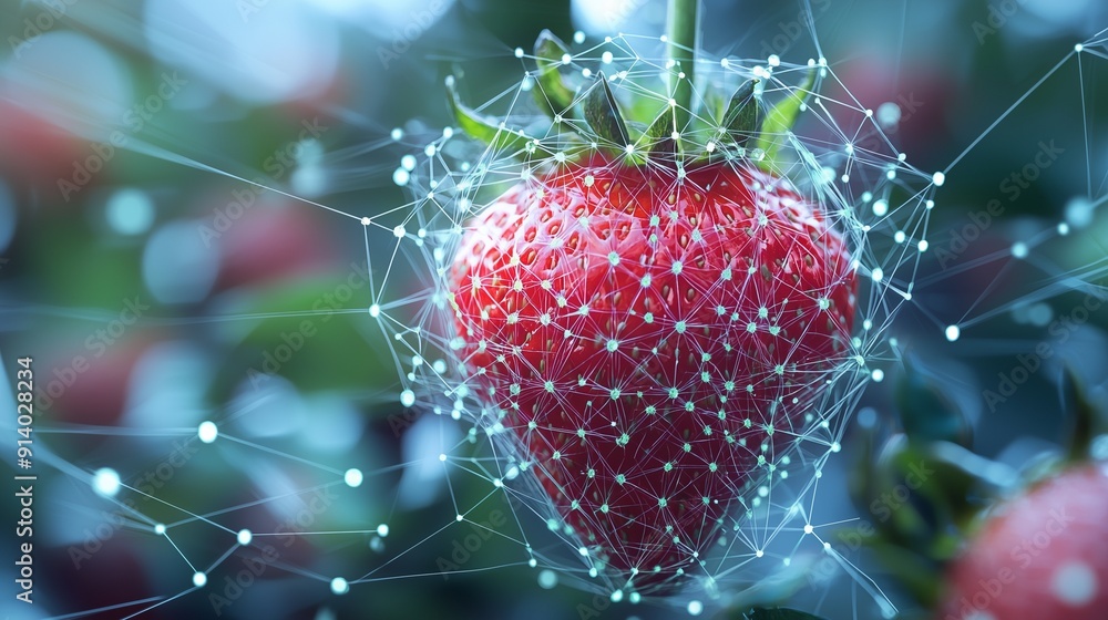 Poster a strawberry surrounded by a digital network, symbolizing the integration of natural elements with a