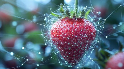 A strawberry surrounded by a digital network, symbolizing the integration of natural elements with advanced technology in the new LLM model codenamed Strawberry.