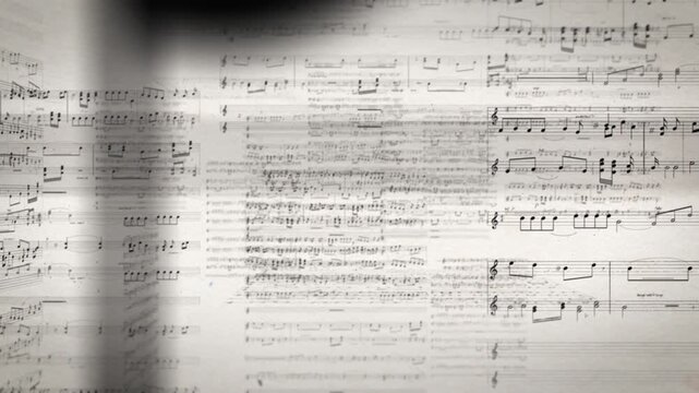Seamless loop of a movement through musical notes on individual sheets of music, inside music, animation