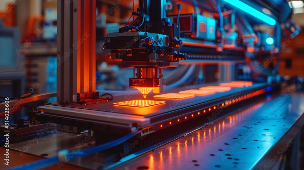 Poster automated industrial robotic arm is operating and soldering microcircuit board on production line. m