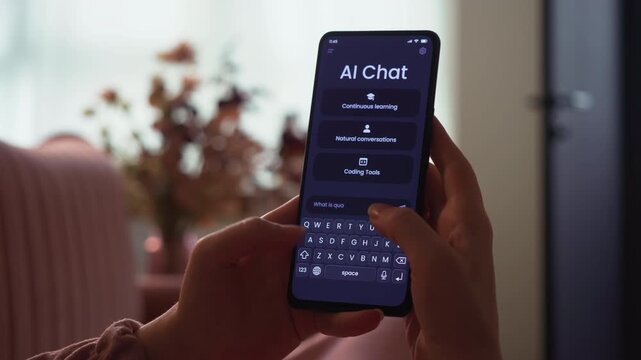 Chatting with artificial intelligence online. Writing prompt and asking GPT language model. Ai chat bot is having a conversation with human. Fictional interface.