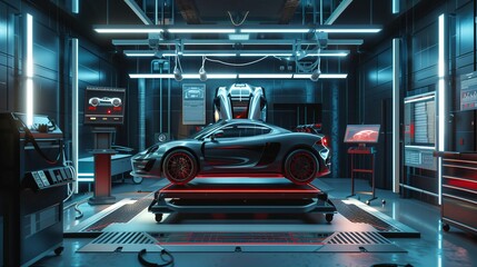High-performance car is parked on a platform, undergoing diagnostics and analysis in a state-of-the-art automotive repair shop. The workshop is equipped with advanced technology and tools