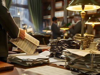 Auditor Inspectors Meticulously Reviewing Financial Documents in a Cinematic Office Setting