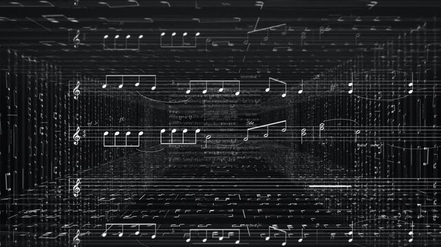 Flight through tunnel of sheet music written in white as concept for writing pieces of music, background animation loop on black