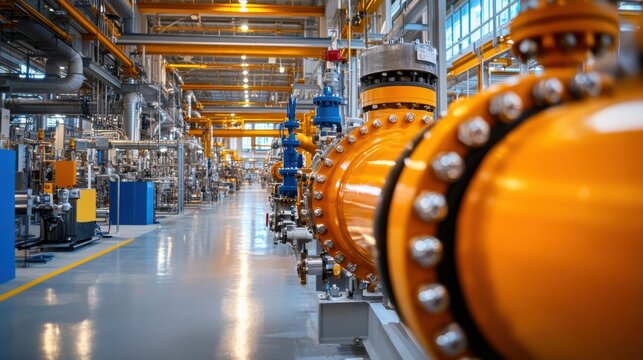 Wide-angle shot of a factory is pipework system featuring large valves, flanges, and automated control units, highlighting the robust 