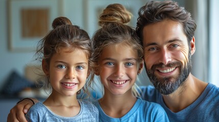 Fototapeta premium Portrait of a happy father with blue eyes posing hugging cheerfully with his two daughters.