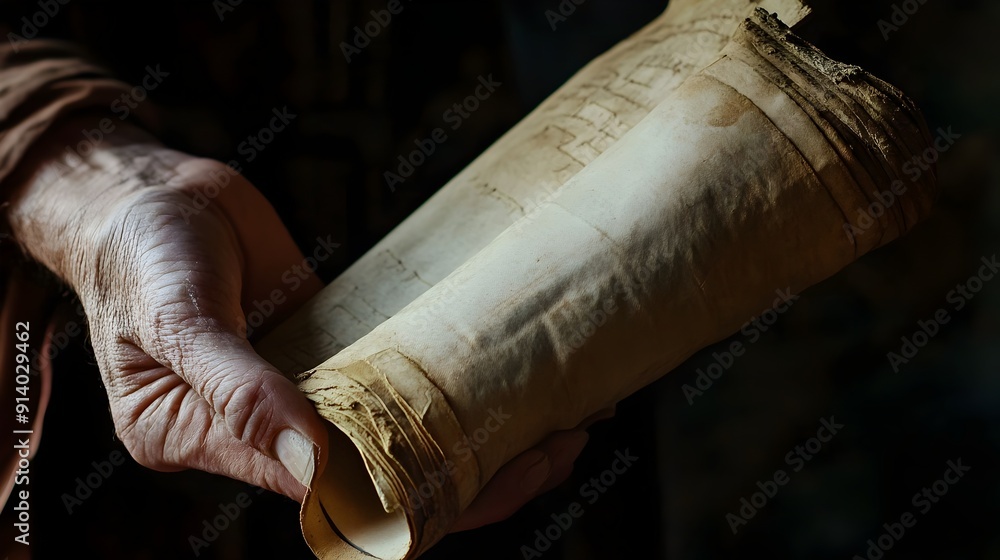 Poster Hand Holding Ancient Scroll Symbolizing Knowledge and Wisdom