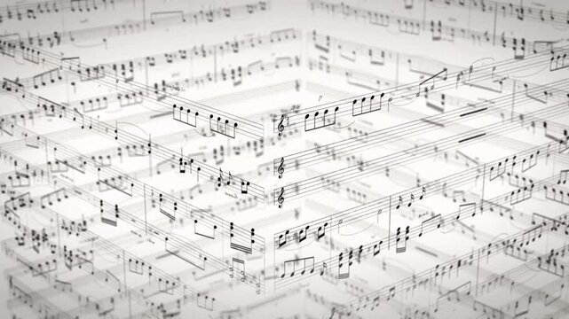 Cube of sheet music with pieces of music rotates in seamless repetition, digital animation, concept backrounds for music content