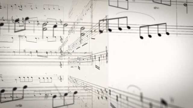 Three-dimensional representation sheet music with musical works, flying animation in front of a white background, song from artists, concept writing music, background for music related content
