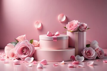 Elegant pink product podium against solid background adorned with rose petals, exuding luxury, premium beauty, and cosmetic sophistication, perfect for Valentine's Day gift presentation.