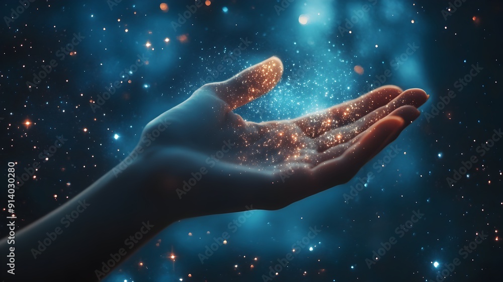 Poster celestial hand exploring the infinite universe of endless cosmic wonders