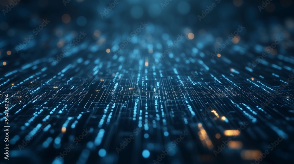 Poster flowing blue data on a futuristic circuit board symbolizes the vast world of information technology 
