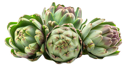 Obraz premium Fresh artichokes showcasing their unique shapes and colors, perfect for culinary or botanical themes, isolated on transparent background.