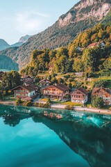 Naklejka premium Overhead perspective of a serene lakeside town in Switzerland, where the crystal-clear water reflects the colorful houses and surrounding mountains.