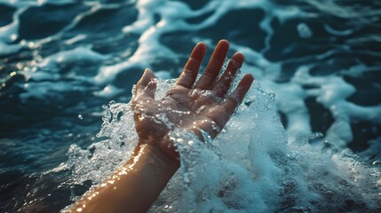 Fototapeta premium Aquatic Hand Emerging from Ocean Waves Symbolizing Connection with Nature