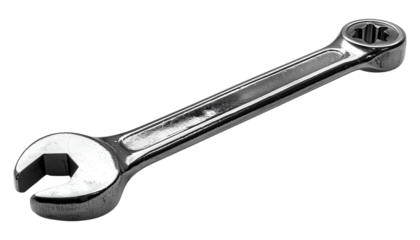 Close-up of a shiny chrome wrench, ideal for tool and mechanic-related projects and illustrations, isolated on transparent background.