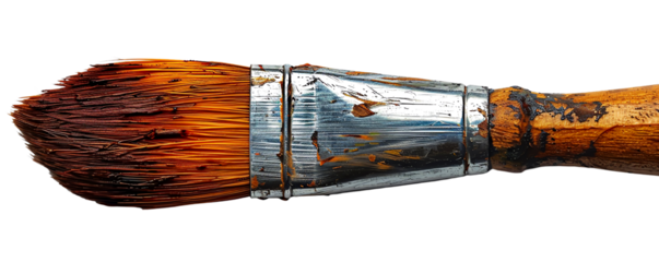 Close-up of a weathered paintbrush showcasing its bristles and metal ferrule, isolated on transparent background.