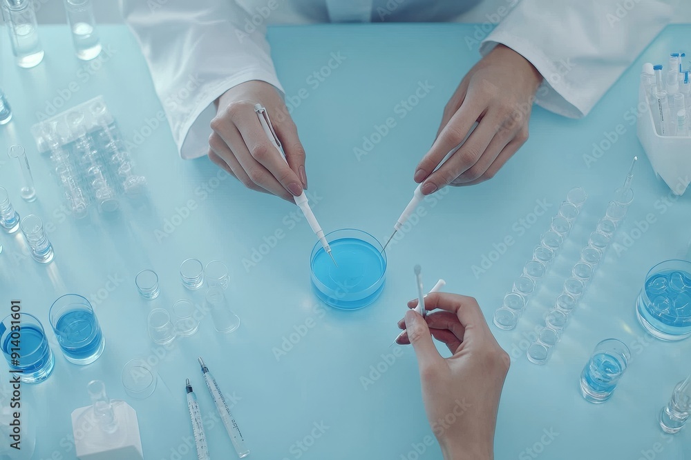 Poster female scientist preparing test material in laboratory while doing research, copy space in top view