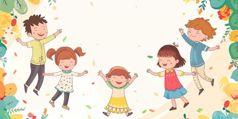 Happy Children Jumping with Floral Border.