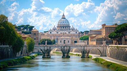 Fototapeta premium Beautiful view of the Vatican City, with St. Peter's Basilica in the background, symbolizing the heart of Catholicism