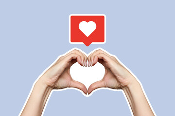 Obraz premium Woman hands making heart shape sign on blue background. Expression of feelings, emotions. Acquaintance. Concept of declaration of love with copy space in the middle. Gestures and symbols, social media