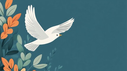 Fototapeta premium White Dove in Flight with Foliage Background Flat Design Illustration.