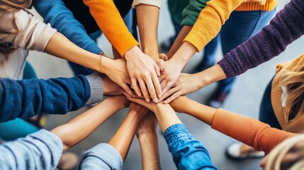 Group of colleagues is joining their hands together in unity, symbolizing their teamwork and collaboration for a common goal