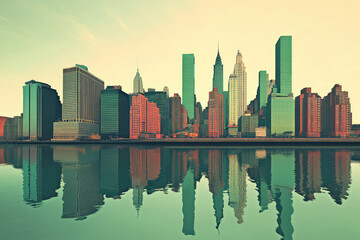 Obraz premium This image captures a breathtaking cityscape featuring towering skyscrapers reflected in calm water at dawn, all in vivid colors and capturing urban tranquility.